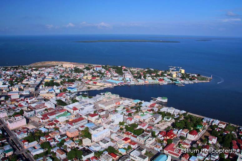 Aerial view of Belize City towards the Caribbean